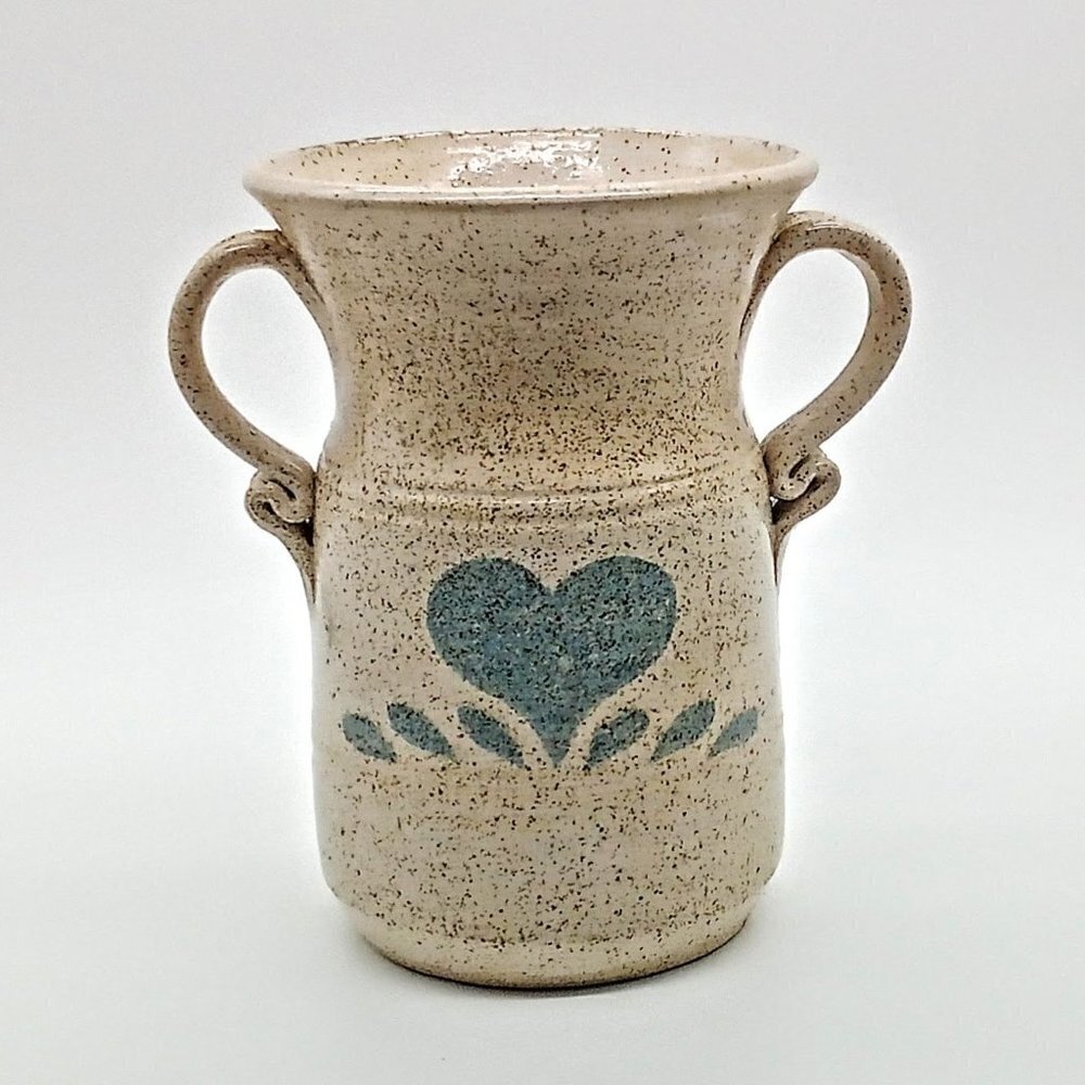 Artisan Signed Blue Heart Speckle Pottery Jug Vase
